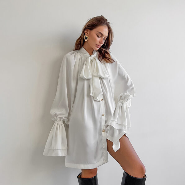 Satin Loose Tie Neck Flare Sleeve Dress