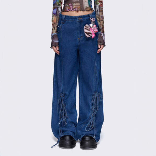 Retro Lace up Wide Leg Jeans