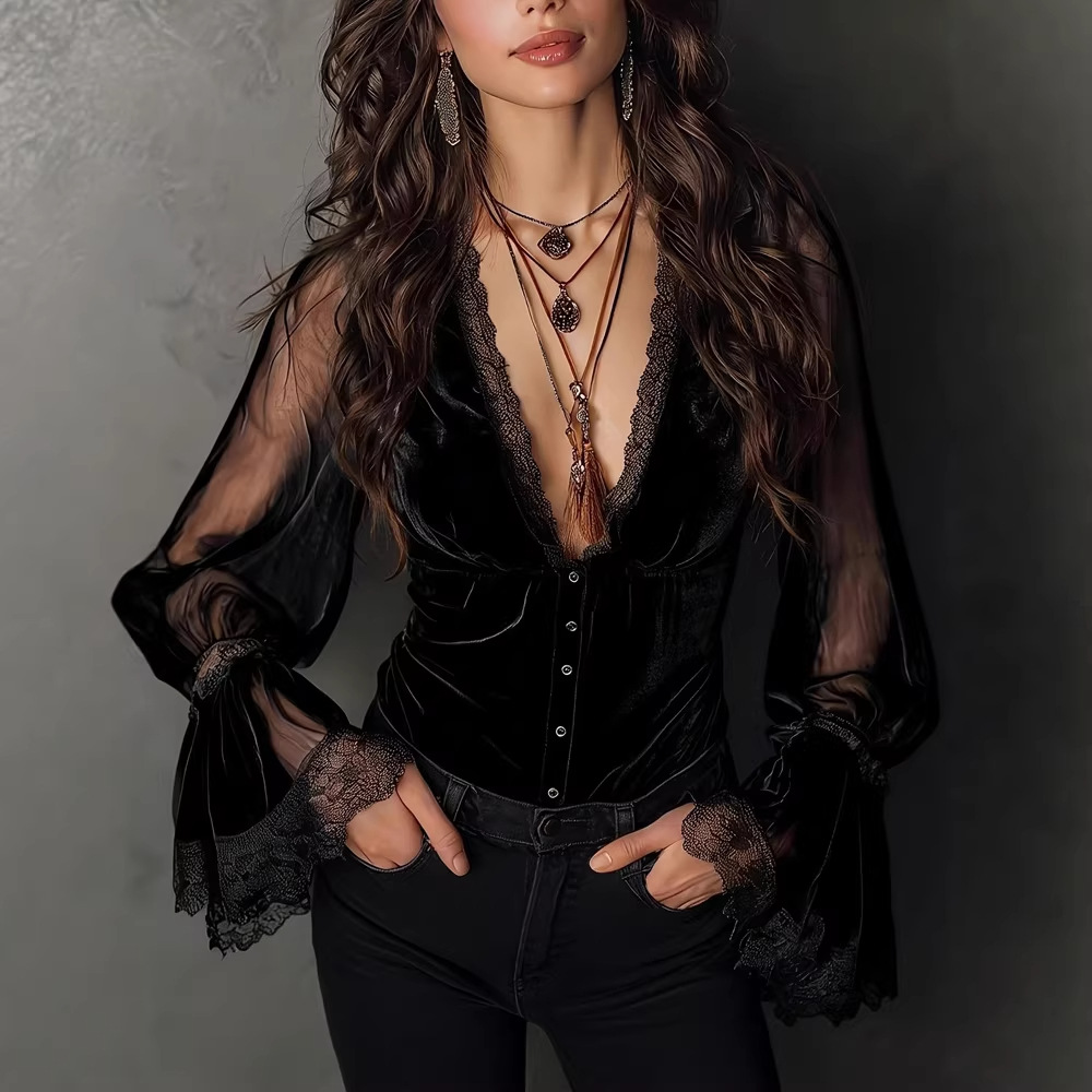 Mesh Lace V neck Top